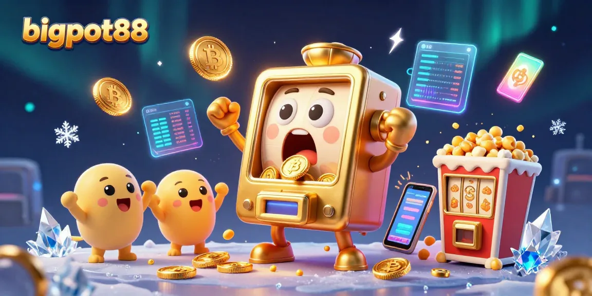 bigpot88 memukau dengan slot mesin emas kartun menangkan jackpot, dikelilingi koin digital dan efek cahaya