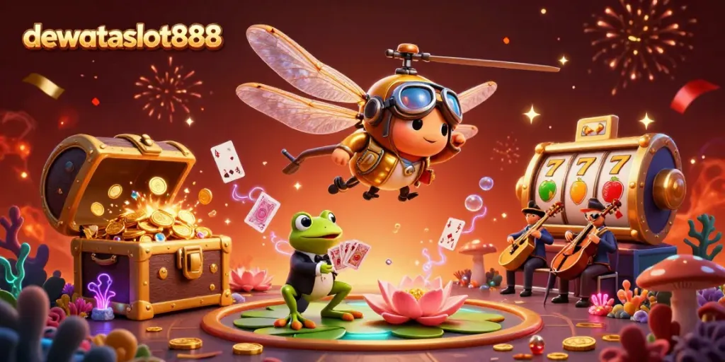 dewataslot888 menghadirkan suasana kasino dengan pilot capung dan dealer katak dalam ilustrasi 3D yang kaya detail