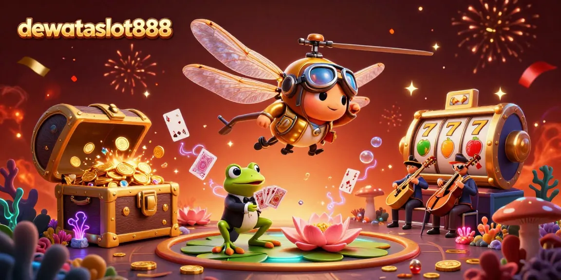 dewataslot888 menghadirkan suasana kasino dengan pilot capung dan dealer katak dalam ilustrasi 3D yang kaya detail