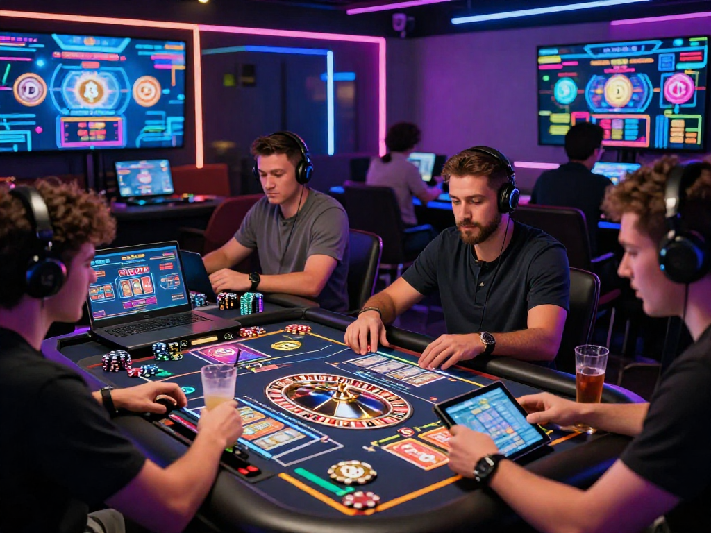 Exciting players at a crypto casino, showcasing interactive digital games and cryptocurrencies in a vibrant environment.