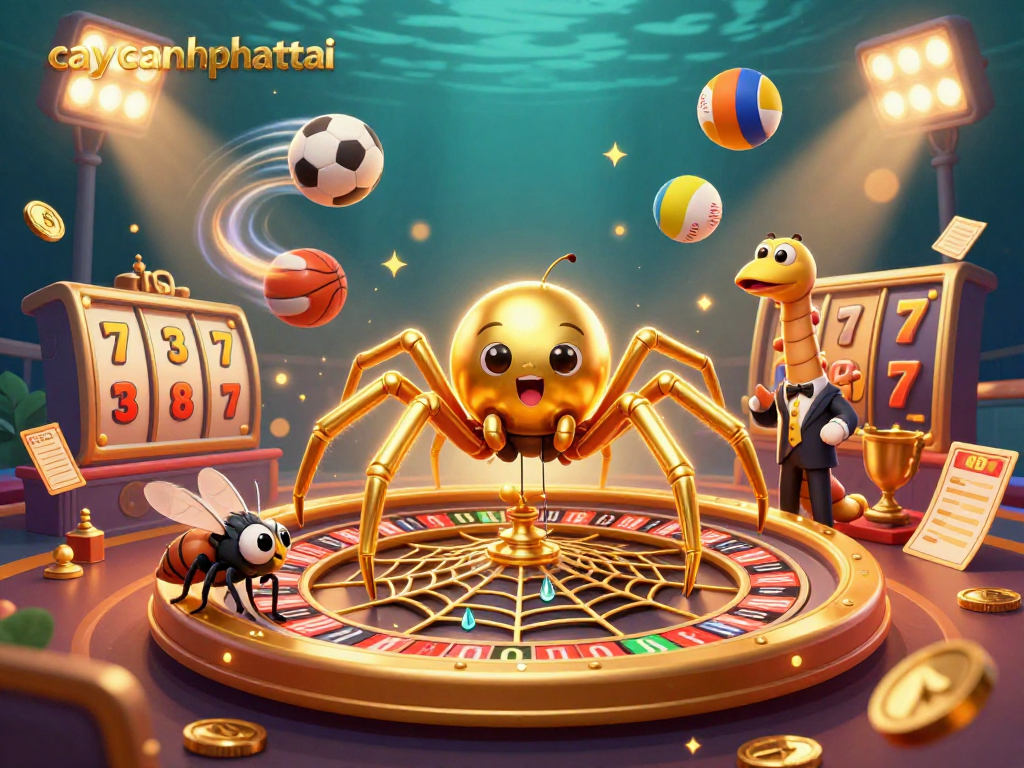 Caycanhphattai showcases a 3D spider and centipede croupier in a vibrant gambling scene.