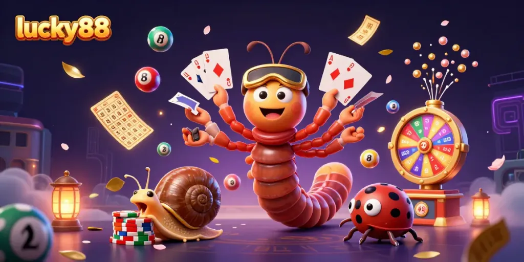 Spin the reels at lucky88 with cartoon characters fanning cards and vibrant casino elements!