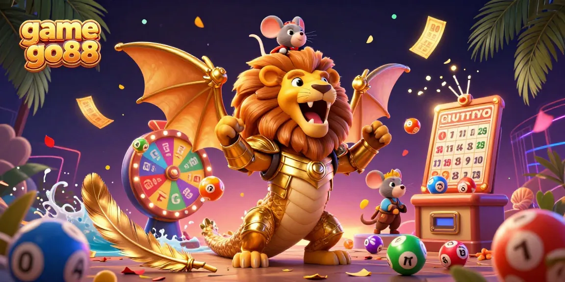 Engage with game go88 excitement as a golden chimera triumphs amid animated lottery elements.