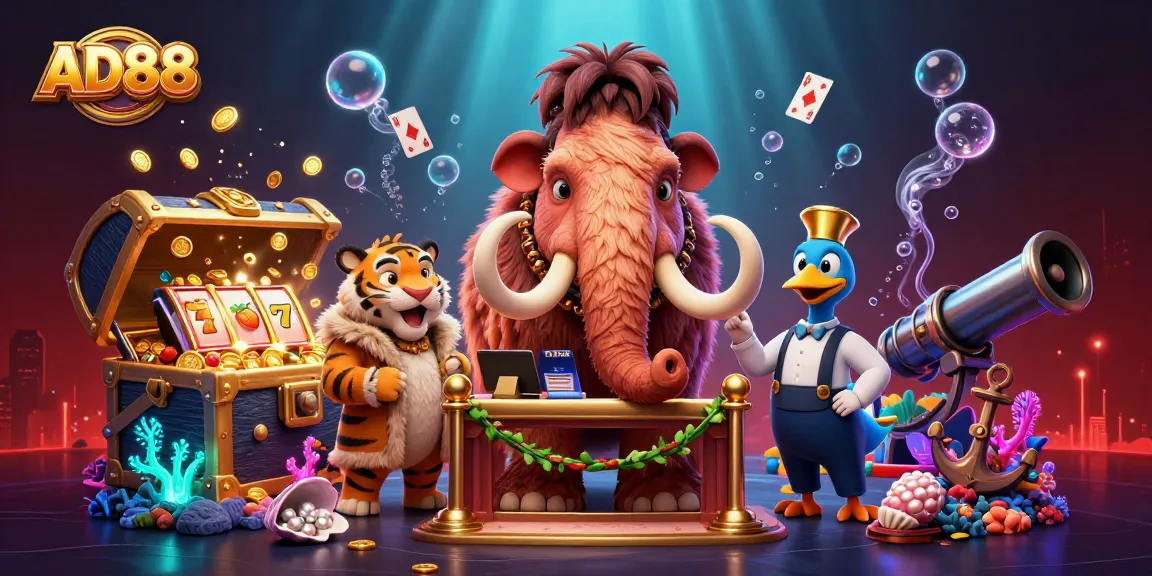 Experience thrilling gaming with AD88 at an energetic casino scene featuring vibrant characters and exciting elements.