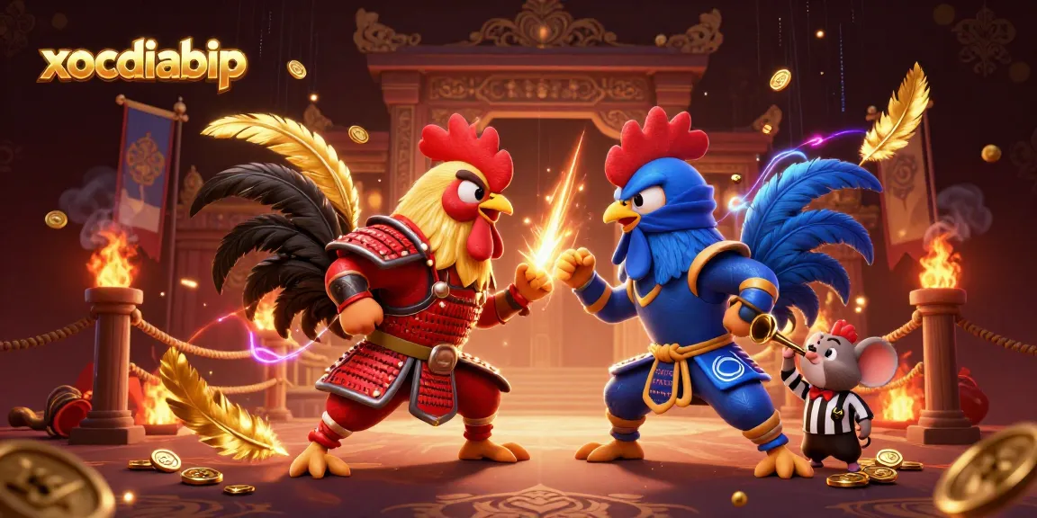 xocdiabip features dynamic rooster battle in a vibrant casino arena full of gold elements