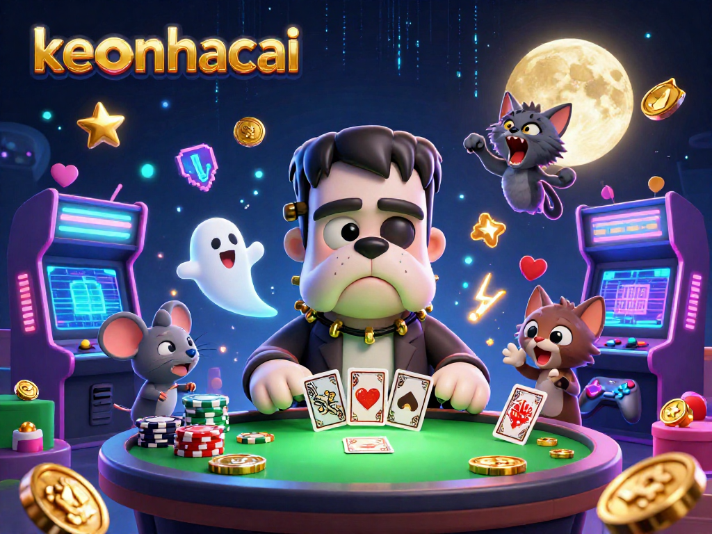 Engage with keonhacai as a cartoon Frankenstein bulldog monster deals cards at a spooky casino table.