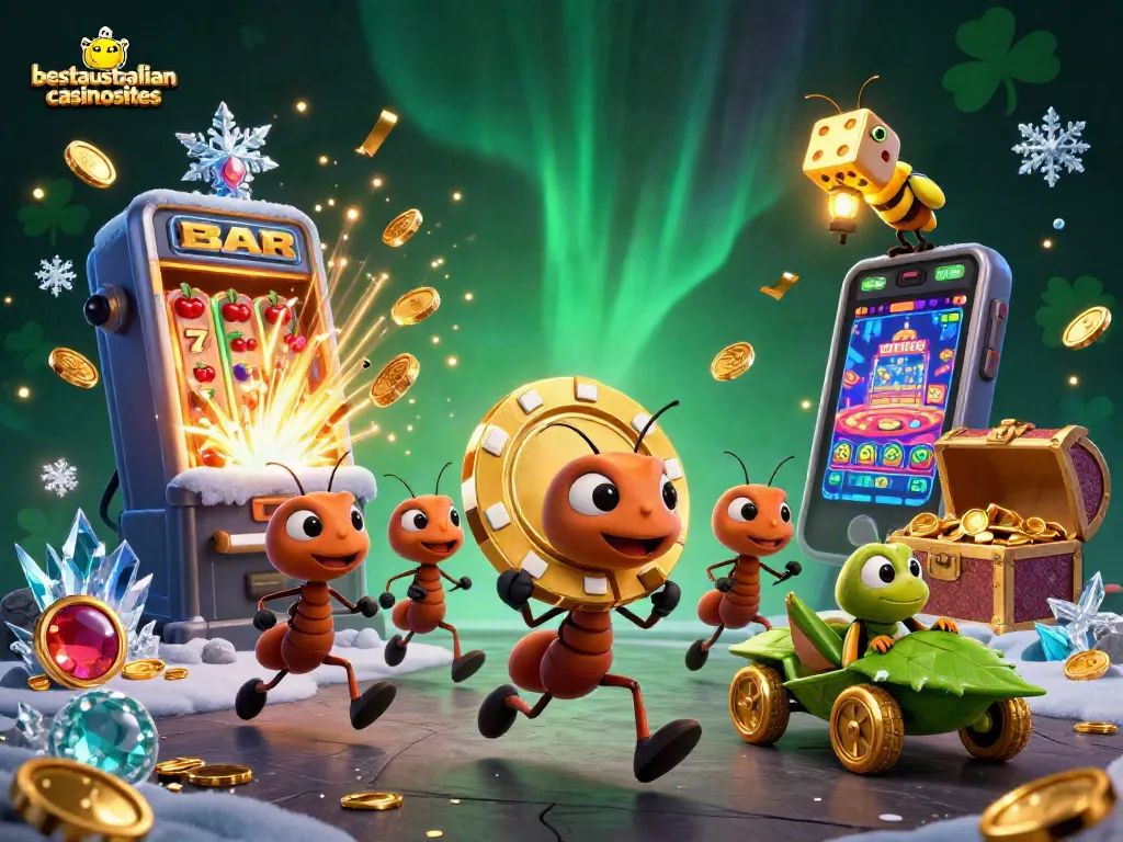 Experience excitement at bestaustraliancasinosites with ants carrying a giant poker chip amidst a jackpot explosion.