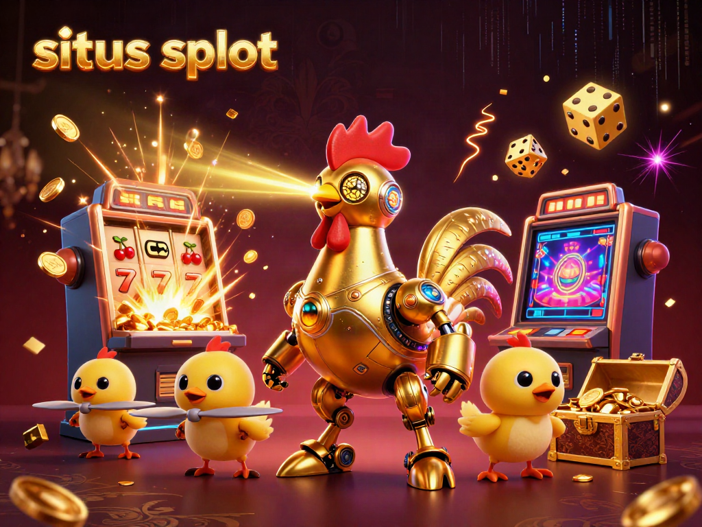 Mesin slot jackpot dan karakter robot ayam emas dalam ilustrasi 3D, situs slot yang mengasyikkan.