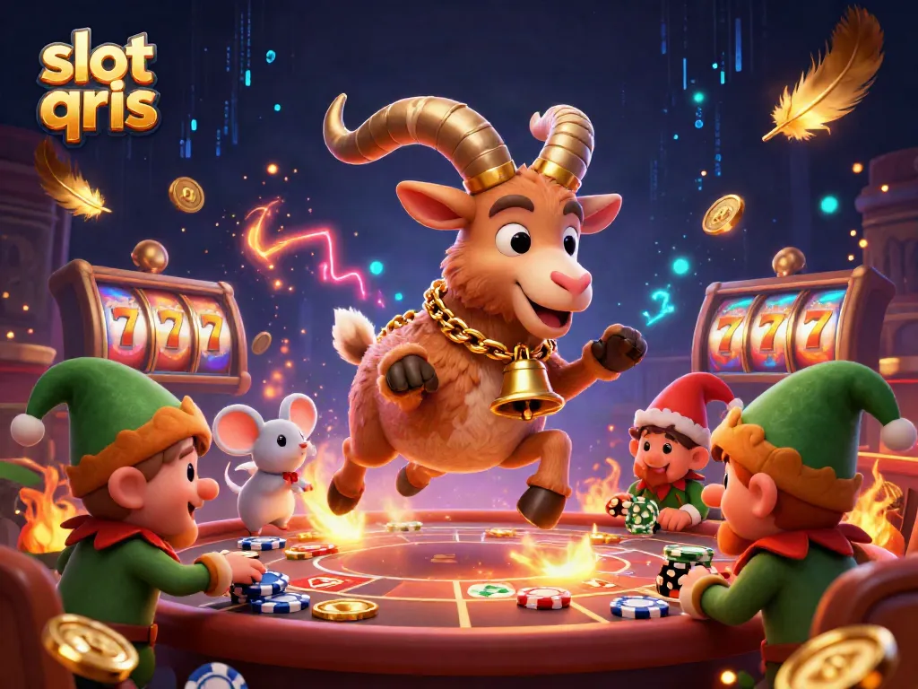 Engage in thrilling gameplay at slot qris with a festive Krampus-themed casino scene filled with colorful characters and exciting elements.