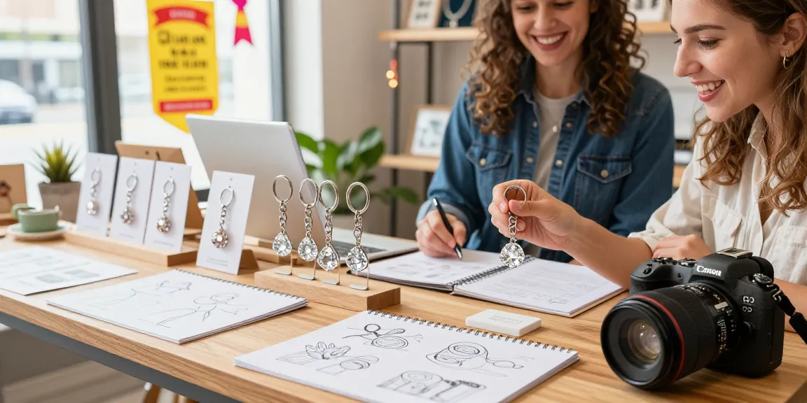Diamond Keychain selection on display at vibrant custom merchandise shop, inviting shopper exploring unique designs.