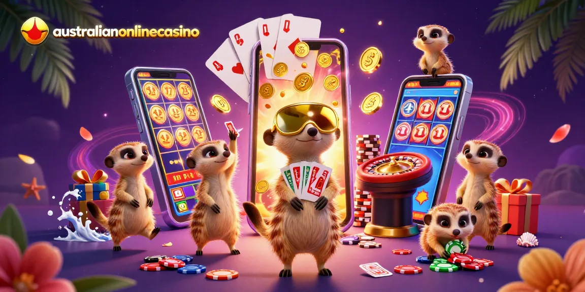 AustralianOnlineCasino showcases cartoon meerkats running a vibrant casino operation with dynamic slot games and casino elements.