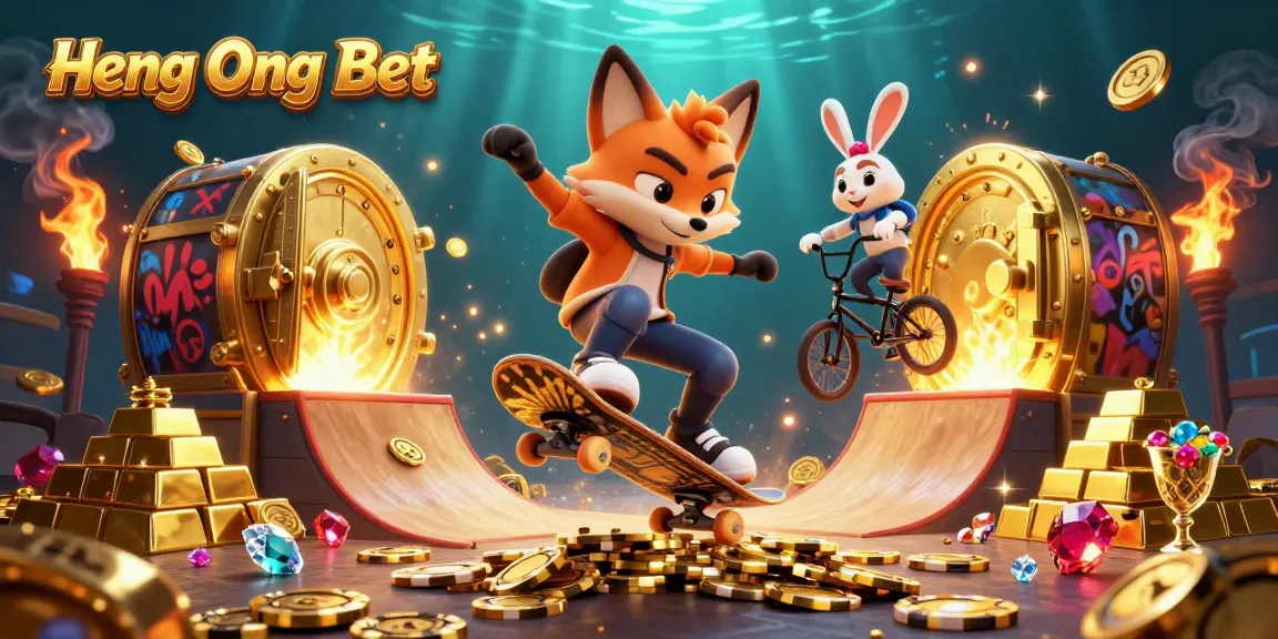 Experience thrilling gameplay at Heng Ong Bet, featuring vibrant cartoon characters and casino symbols.