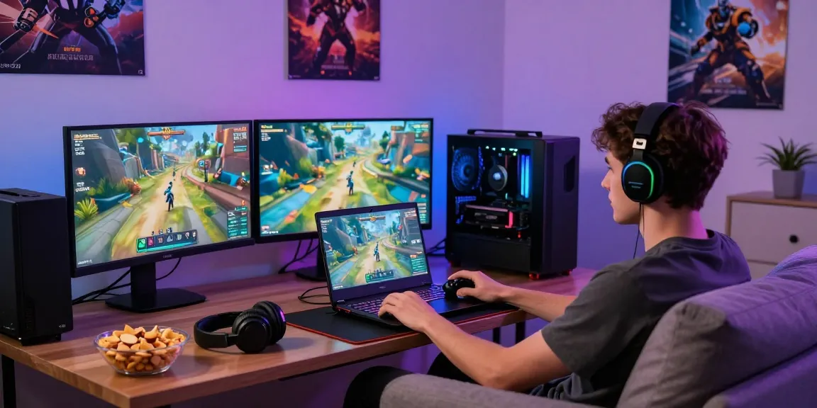 Pengalaman bermain game online dengan https://www.acdctees.com di ruang tamu modern yang nyaman, gamer bersemangat dan peralatan canggih.