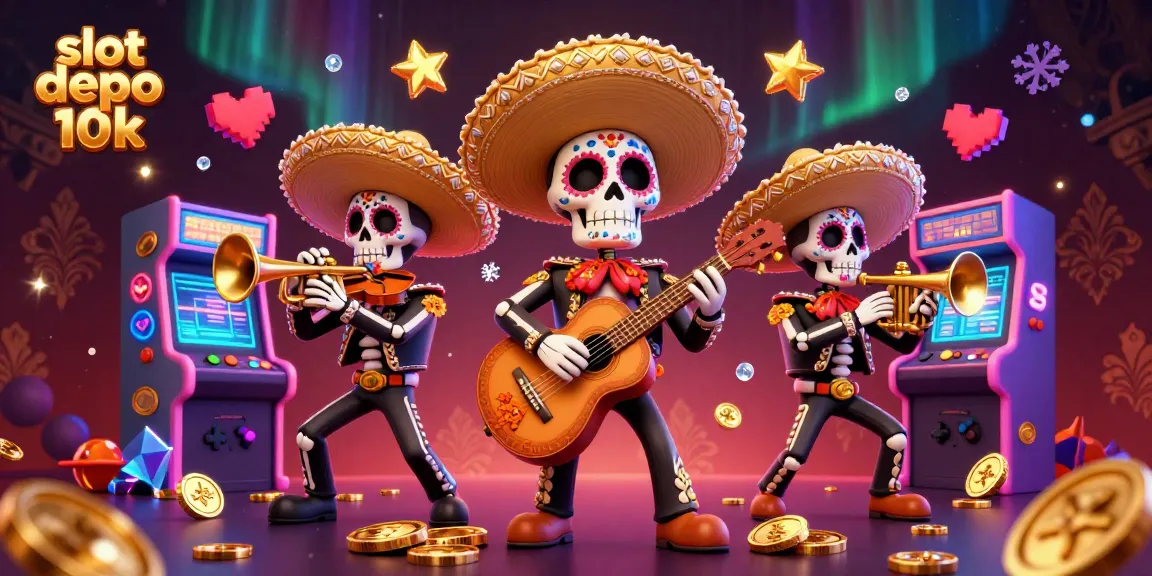 Rasakan sensasi slot depo 10k dengan band mariachi kerangka yang menyenangkan, dikelilingi mesin arcade berwarna-warni di kasino.