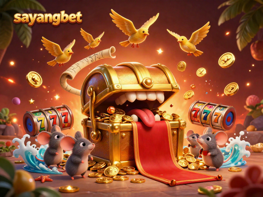 Engage with sayangbet's vibrant 3D illustration showcasing an enticing treasure chest and slot game elements.