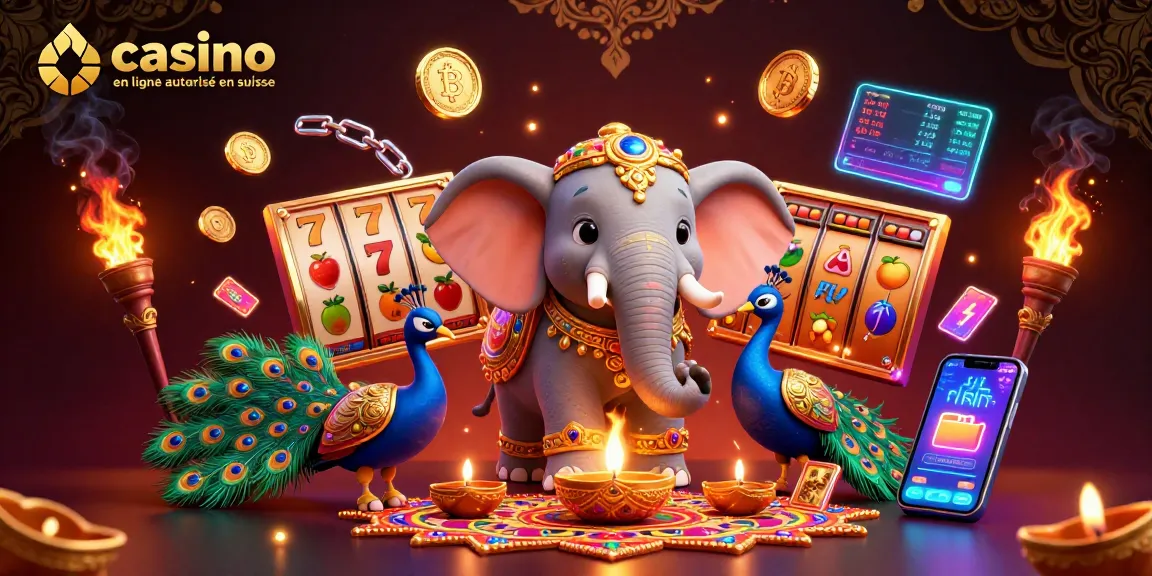 Jouez à des jeux de casino en ligne autorisé en Suisse avec un éléphant coloré et des éléments blockchain.