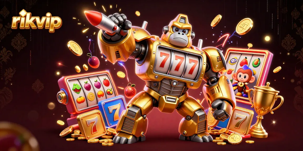 Experience thrilling gameplay at rikvip with a golden gorilla mech, dynamic slot game elements, and exciting visual effects.
