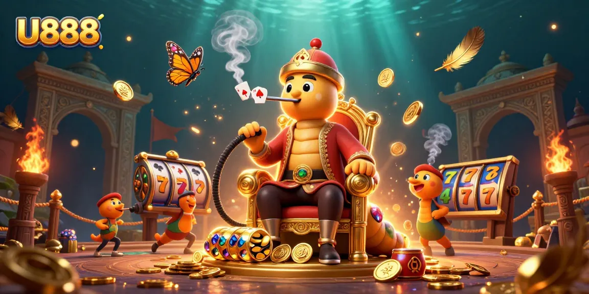 Experience U888's thrilling casino adventure with a fantastical caterpillar master amid slot game symbols and golden treasures.