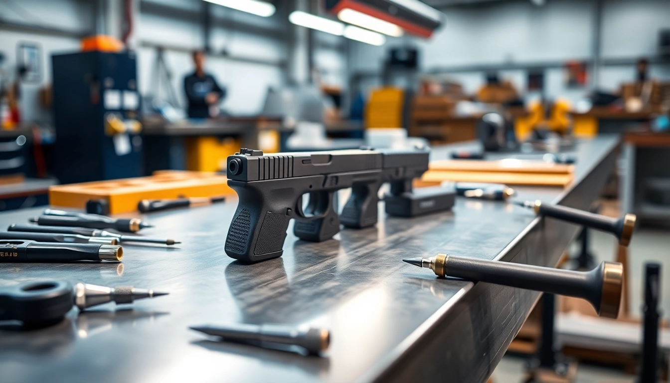 Showcasing detailed glock slides on a workbench, emphasizing precision craftsmanship.