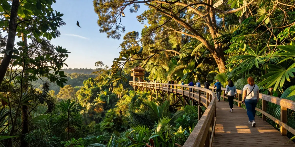 Treetop Walkway allowing visitors to immerse in forest canopy views surrounded by lush greenery and sunlight.