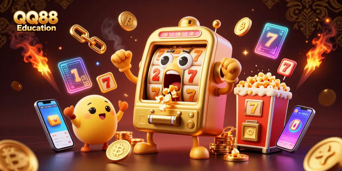 Experience thrilling wins with QQ88 Education as a golden slot machine hits the jackpot, surrounded by cheering baby machines and crypto coins.
