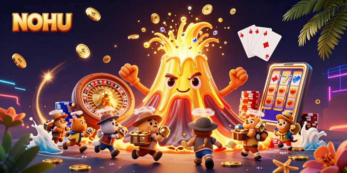 Experience the thrill of NOHU casino with golden treasures and live gaming action in a vibrant scene.