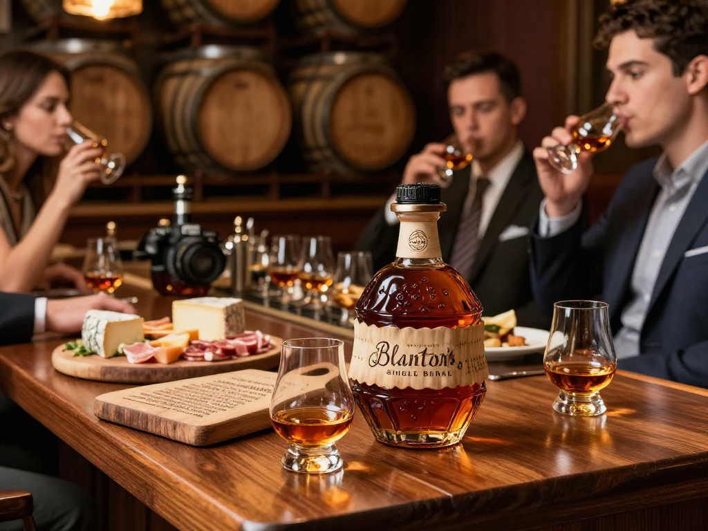 Blanton's Single Barrel Bourbon highlighted in an elegant bar setting with tasting notes, inviting ambiance, and sophisticated atmosphere.