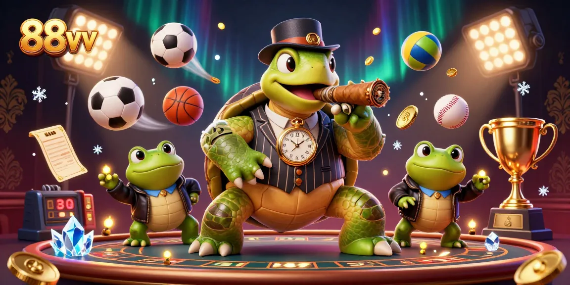 View the vibrant casino scene featuring 88vv's massive turtle mobster, sports elements, and rich visual effects.