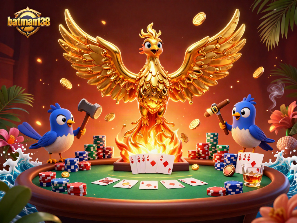 Engage in batman138 gaming with a molten gold phoenix and poker elements in vibrant illustration.