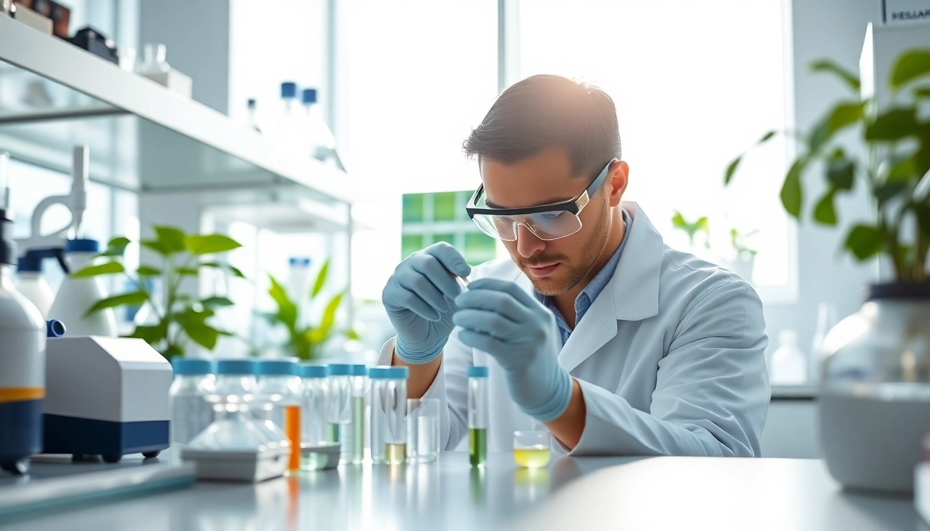 Buy online glow peptide for enhancing skin vitality, with a scientist analyzing its properties in a sterile lab.