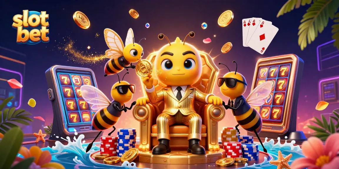 Slot bet menarik dengan gambar raja lebah dan simbol jackpot mengelilinginya, menjanjikan kemenangan besar.