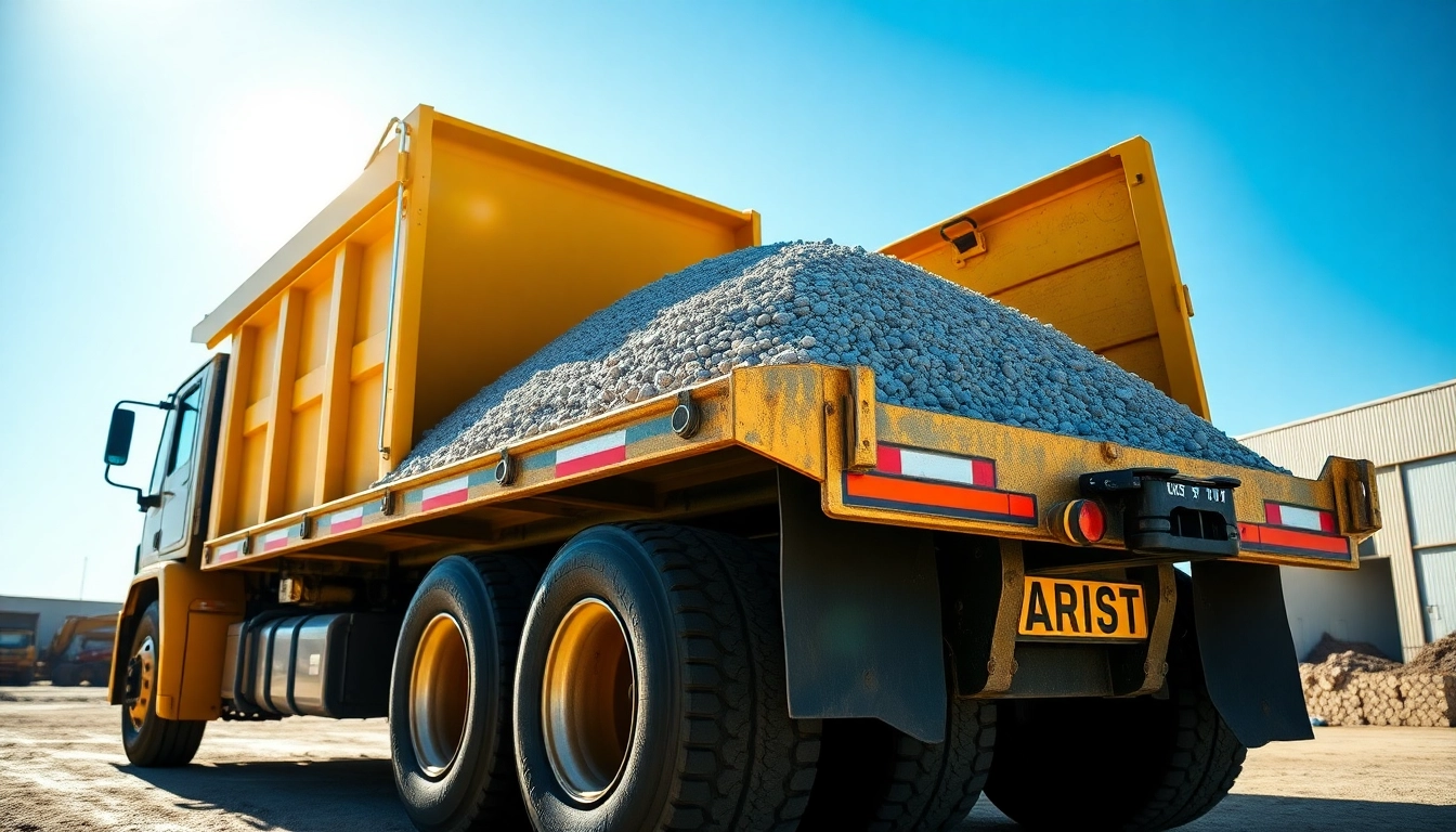 View of a robust dump trailer filled with gravel, showcasing its strength on a construction site.