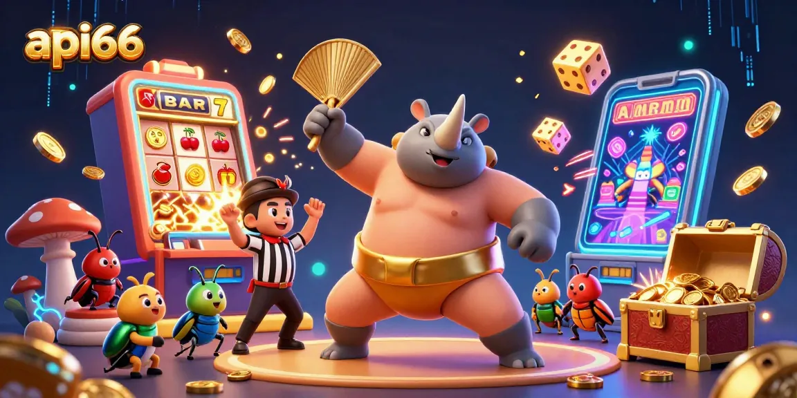 Experience thrilling gameplay with api66's cartoon beetles celebrating wins at a colorful slot machine!
