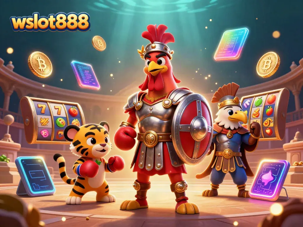Visualisasi wslot888 dengan ayam gladiator dan simbol slot yang menarik.