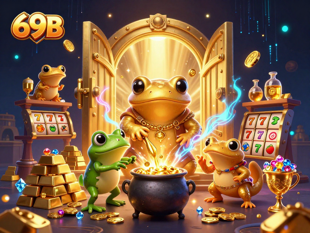 Ilustração 3D detalhada mostrando o alquimista 69B transformando metais em moedas de ouro com elementos de jogos de cassino.