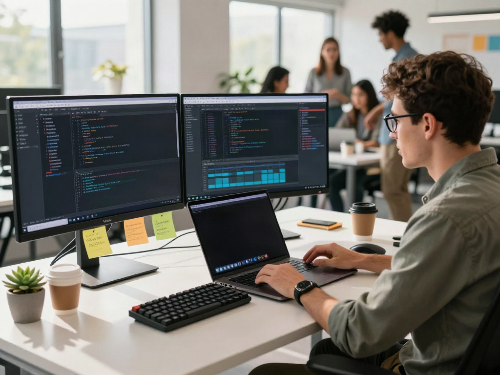 Developer using brave浏览器 in a modern tech workspace with dual monitors and collaborative atmosphere.