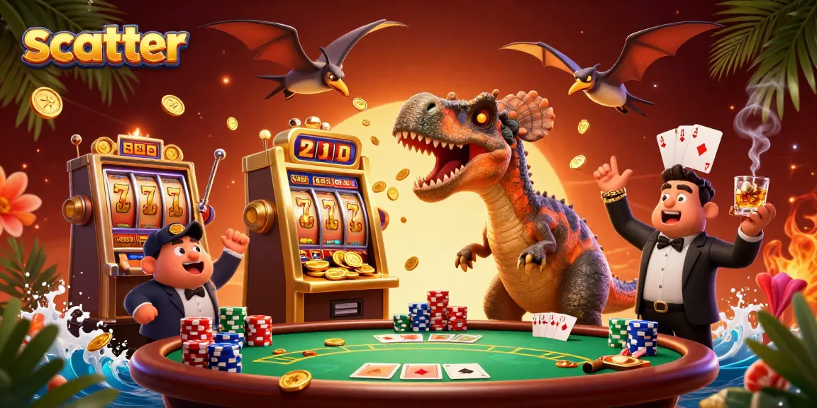 Scatter coins falling as a pachycephalosaurus triggers a jackpot in a vibrant casino scene.
