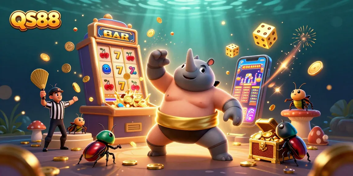 Experience exciting gaming at QS88 with a vibrant scene of a beetle champion winning jackpots.