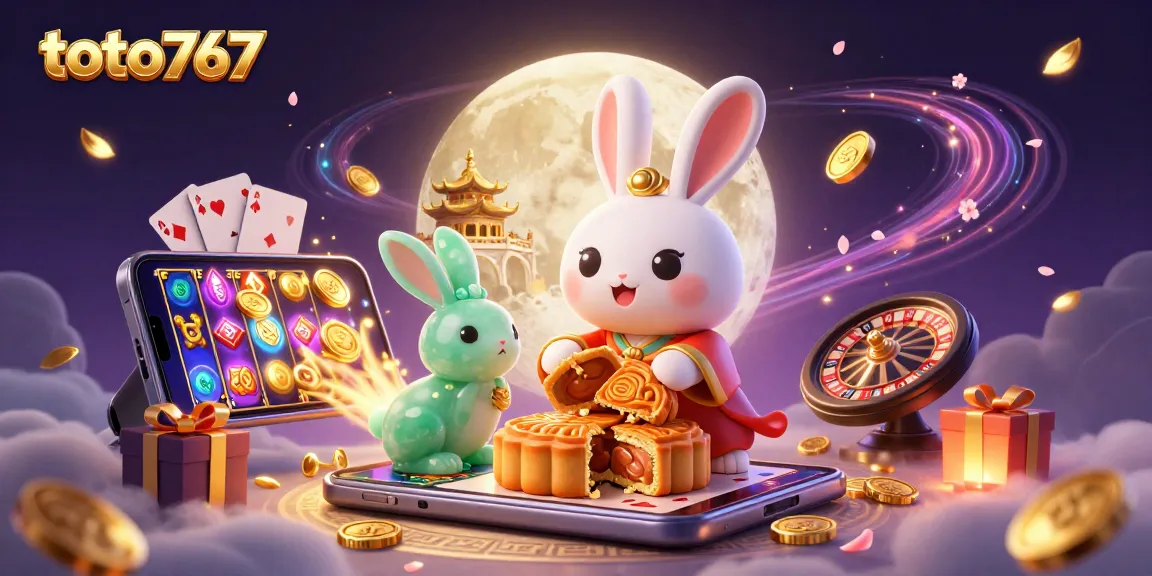 Tampilkan permainan menarik di toto767 dengan rabbit bulan yang menggiling kue bulan di permukaan bulan, dikelilingi oleh chip poker dan elemen kasino lainnya.