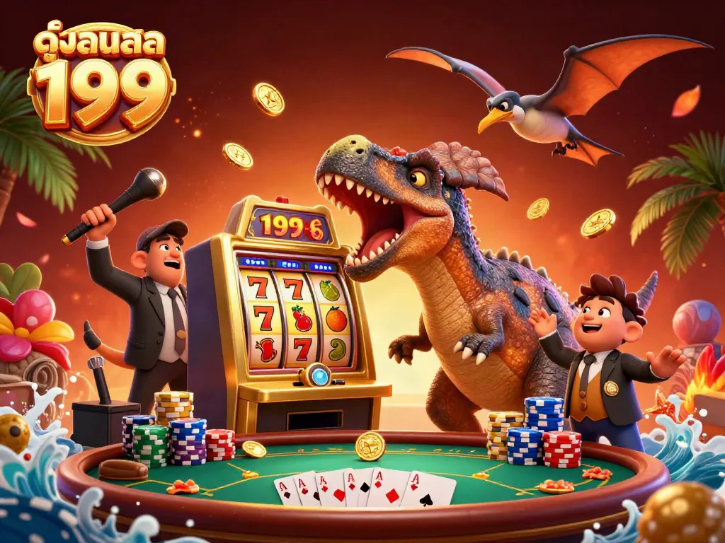 Experience the excitement of ดูบอลสด 199 with dynamic characters enjoying a lucrative slot machine payout in a colorful casino setting.