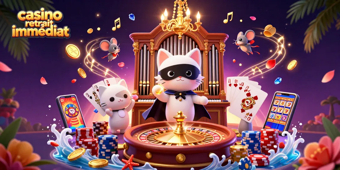 Illustration dynamique d'un casino avec le concept de casino retrait immédiat, enchanté par des pièces et gemmes dorées.