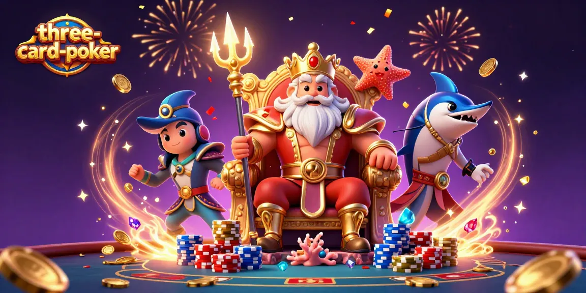 Experience thrilling three-card-poker action as Neptune and friends celebrate casino wins with vibrant energy.