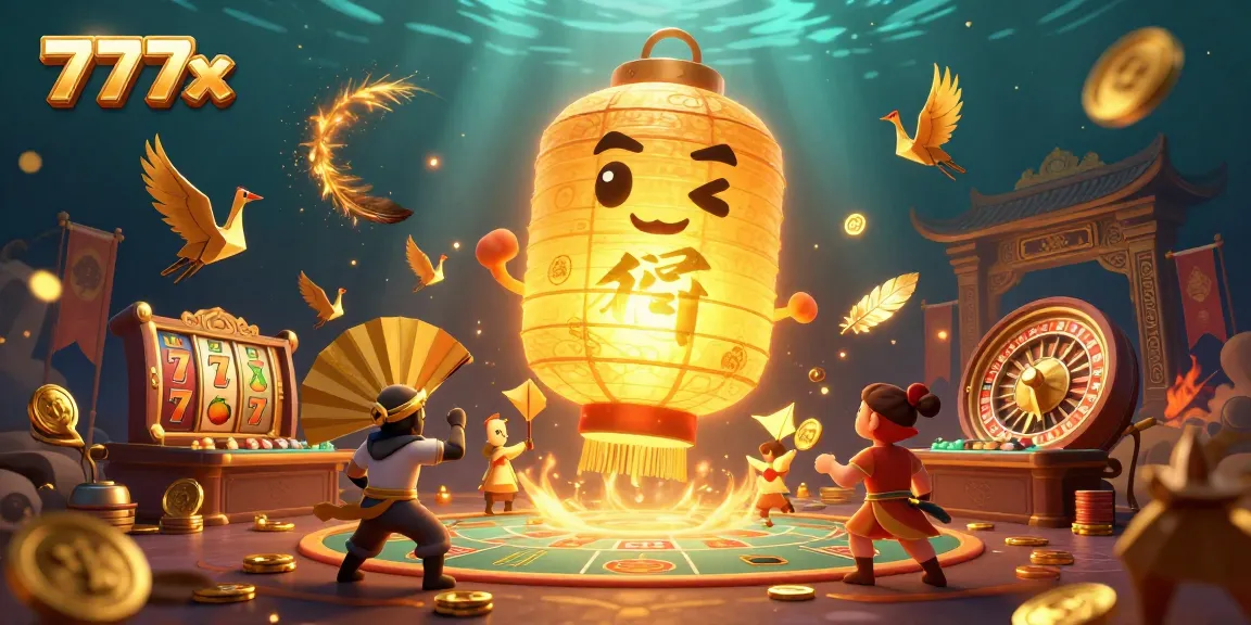 Engaging scene showcasing 777x casino elements with glowing spirit and vibrant characters amidst slot reels and golden tokens.