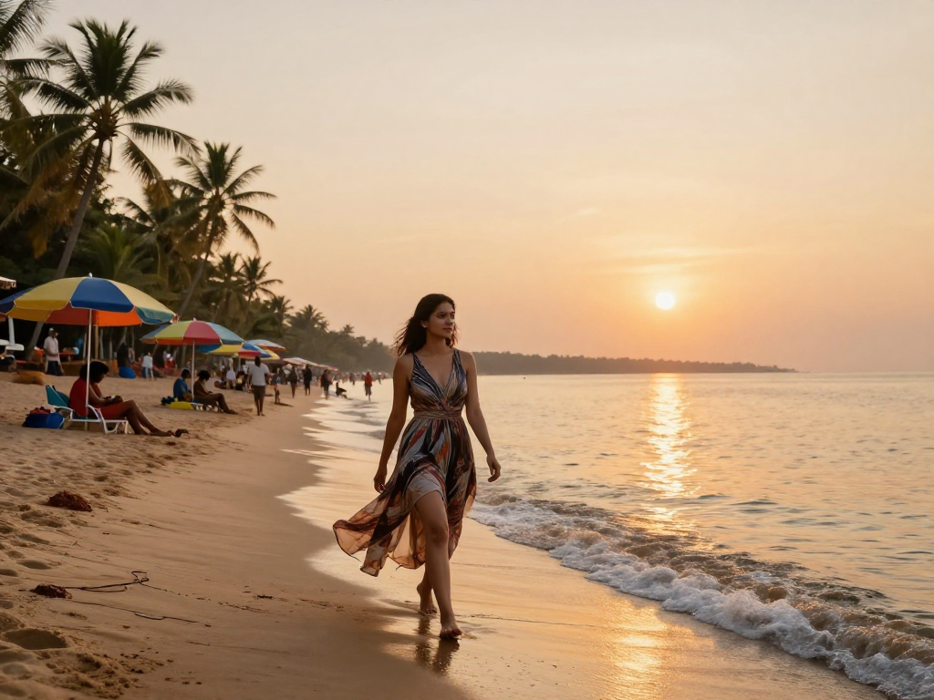 Enjoying an escort service in goa along the beautiful beach at sunset.