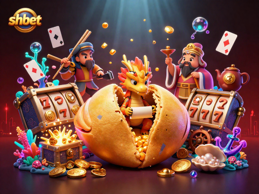 Engage in thrilling gameplay with shbet's vibrant 3D casino scene featuring a golden fortune cookie and dynamic elements.