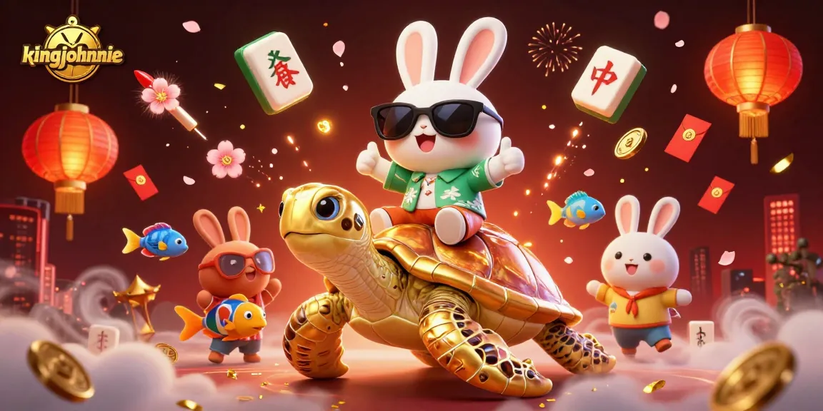 Join kingjohnnie in an exciting casino adventure with a lucky rabbit and golden turtle illustration.