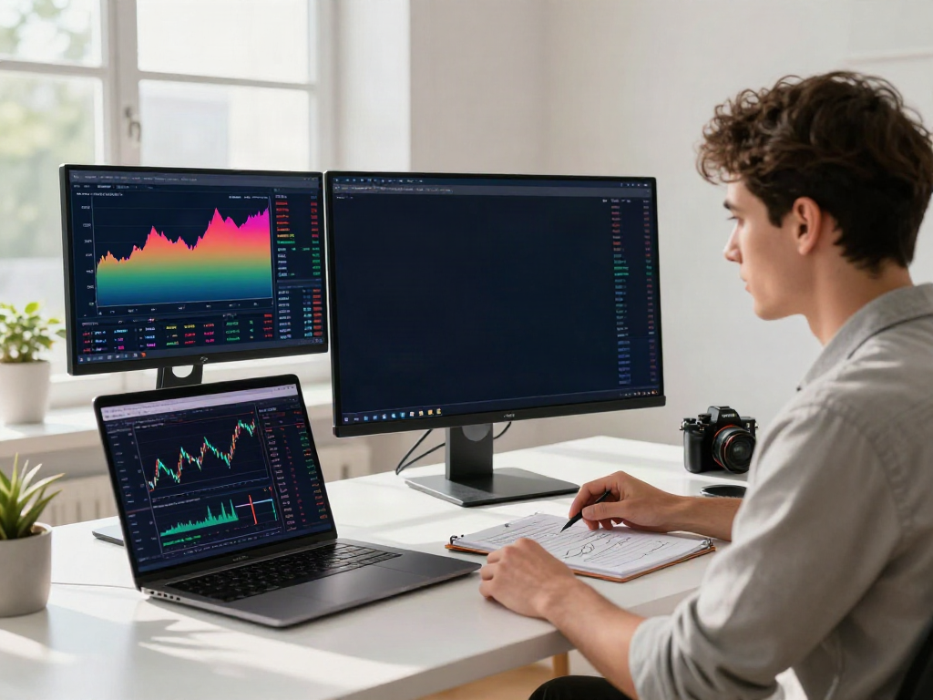 Trader using TradingView in a bright home office with multiple monitors.
