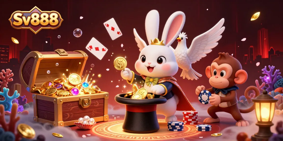 Sv888 casino scene with a magician pulling coins, vibrant characters, and dynamic gaming elements.