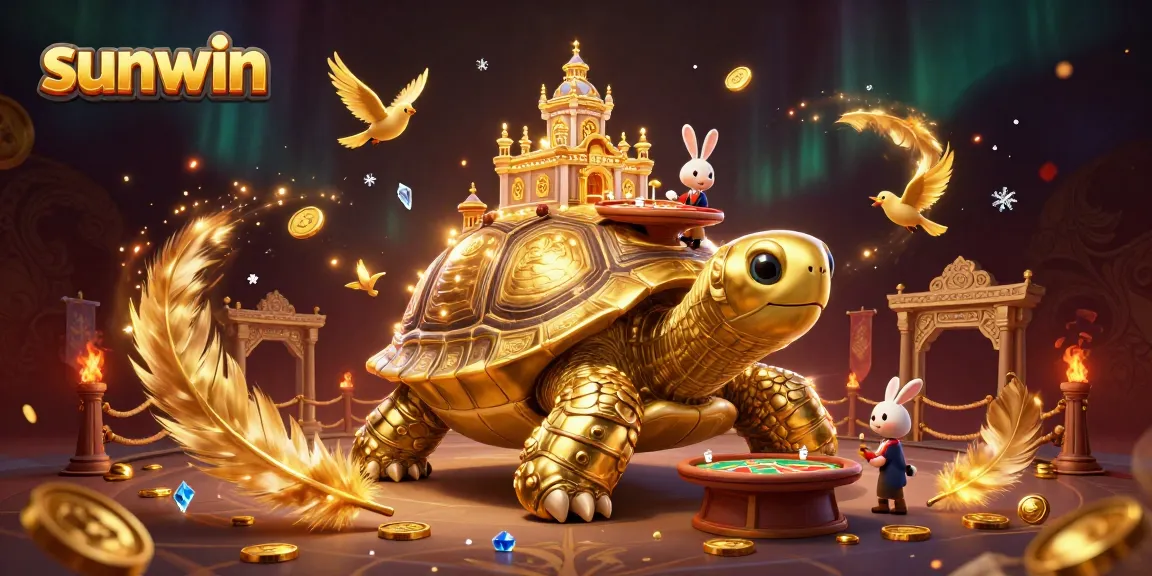 Engage with sunwin's thrilling casino scene featuring a golden tortoise and rabbit dealer.