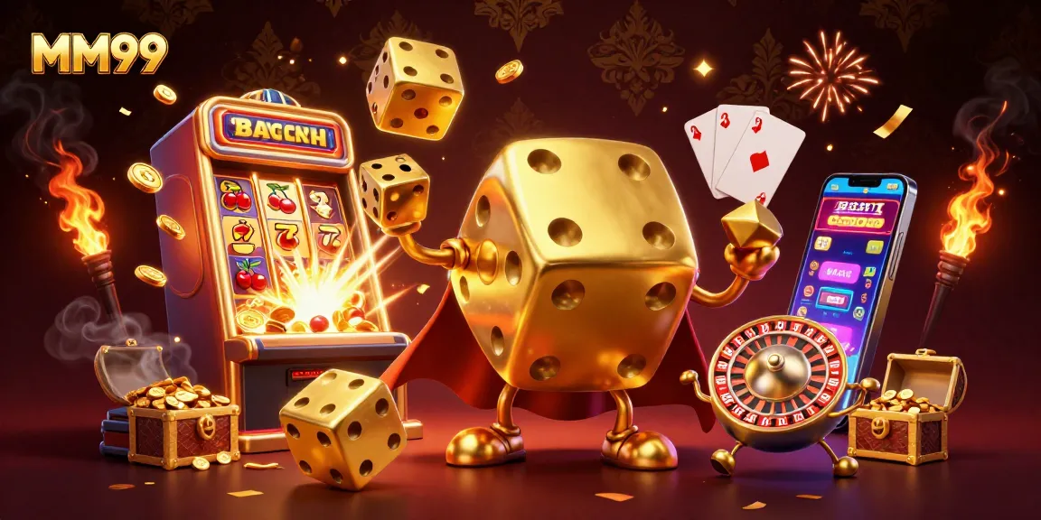 Experience the excitement of MM99 with a vibrant illustration showcasing a golden dice and enhanced casino elements.